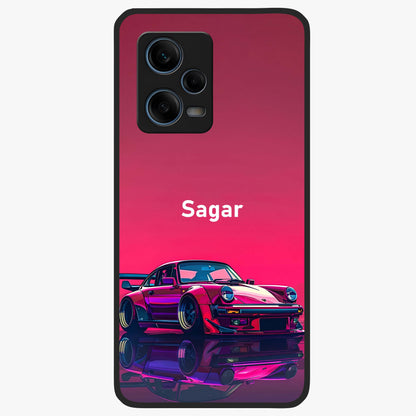 Neon Pink Porsche Glass Case showing flat back view with stylish sports car artwork and glossy glass finish.