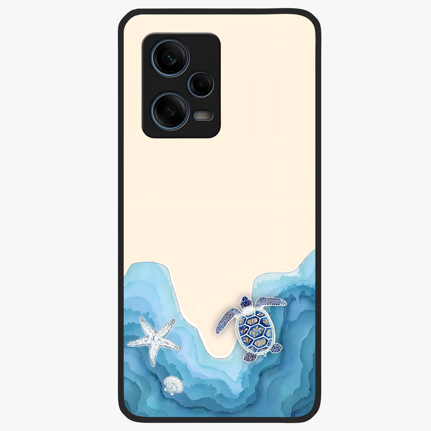 Ocean Drift Turtle Glass Case showing flat back view with sea turtle artwork and glossy glass finish.