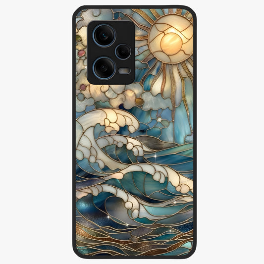 Oceanic Stained Printed Glass Case showing flat back view with ocean inspired stained pattern artwork and glossy glass finish.