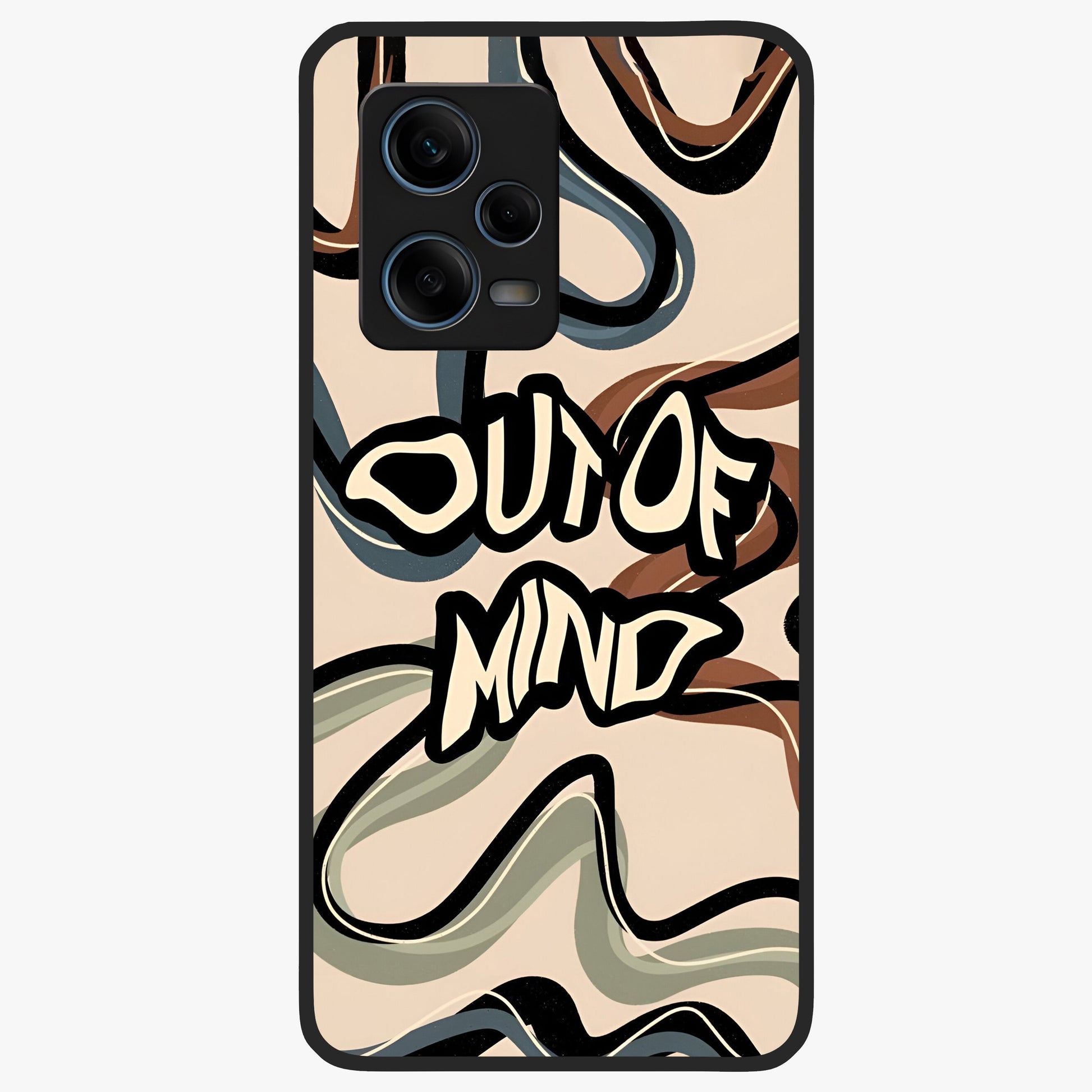 Out Of Mind Glass Case showing flat back view with expressive typography artwork and glossy glass finish.