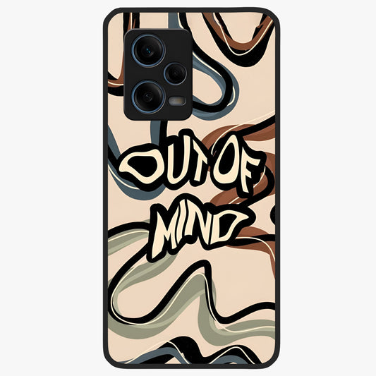 Out Of Mind Glass Case showing flat back view with expressive typography artwork and glossy glass finish.