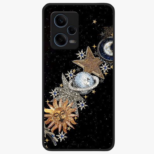 Pearls Universe Object Glass Case showing flat back view with pearl inspired cosmic artwork and glossy glass finish.