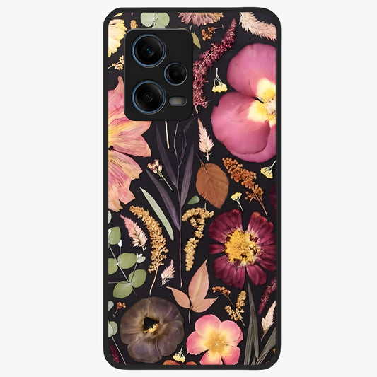 Petal Dream Tapestry Glass Case showing flat back view with intricate floral tapestry artwork and glossy glass finish.
