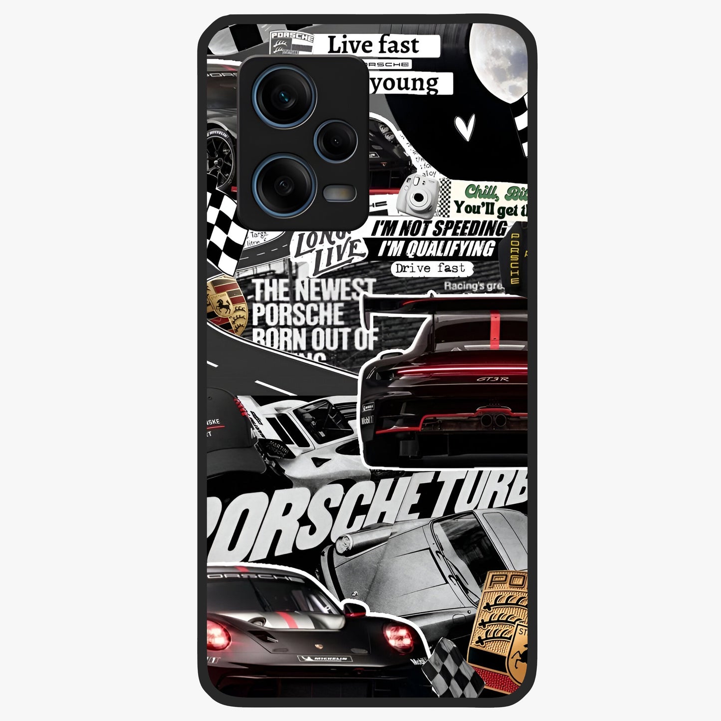 Porsche Racing Collage Glass Case showing flat back view with sports car racing collage artwork and glossy glass finish.