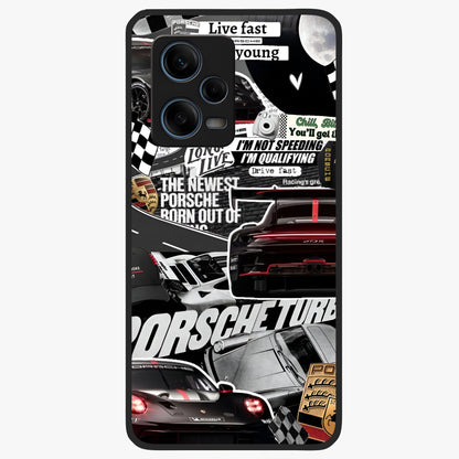 Porsche Racing Collage Glass Case showing flat back view with sports car racing collage artwork and glossy glass finish.