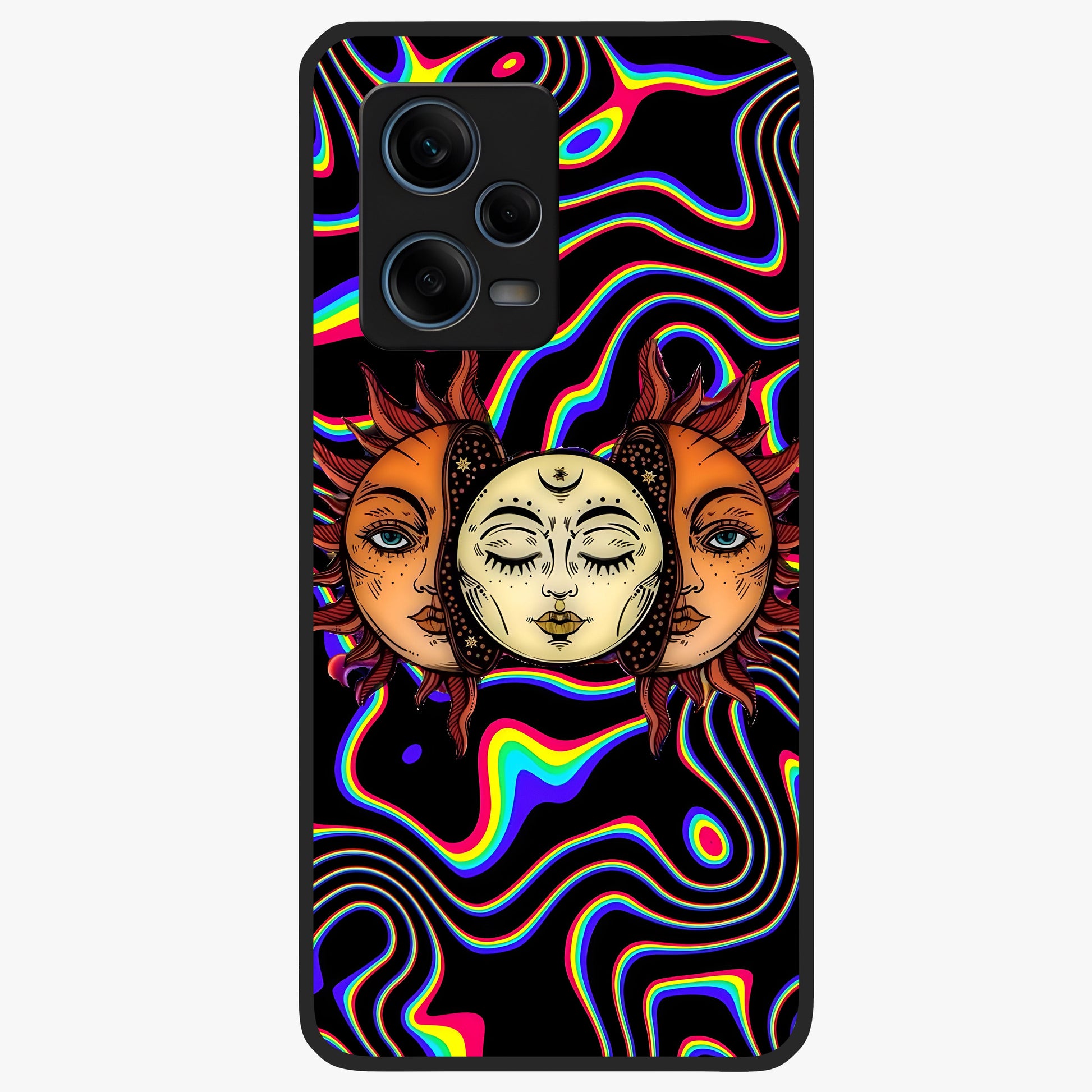 Psychedelic Sun Glass Case showing flat back view with colorful psychedelic sun artwork and glossy glass finish.