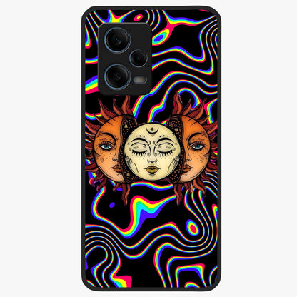 Psychedelic Sun Glass Case showing flat back view with colorful psychedelic sun artwork and glossy glass finish.
