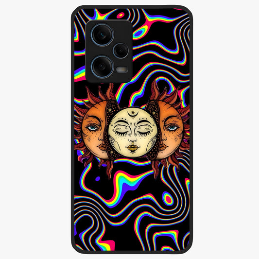 Psychedelic Sun Glass Case showing flat back view with colorful psychedelic sun artwork and glossy glass finish.
