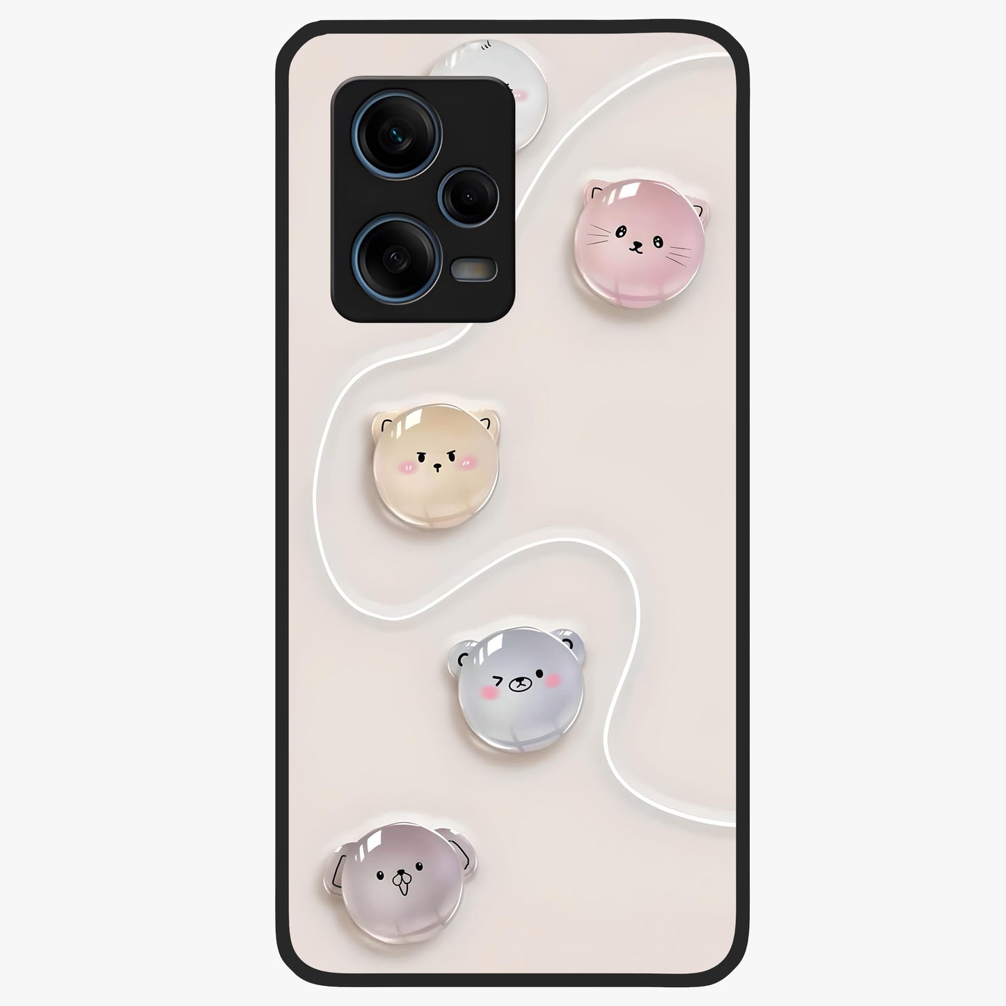 Puffy Face Parade Glass Case showing flat back view with cute puffy character faces artwork and glossy glass finish.