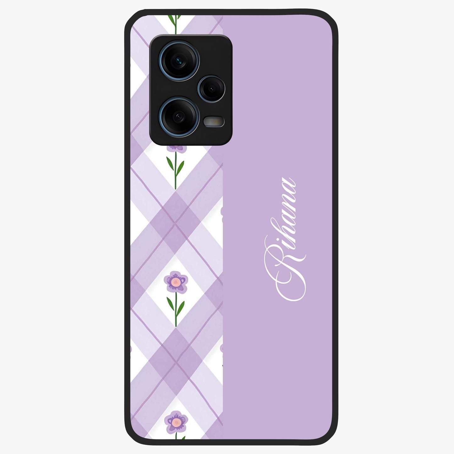 Purple Diamond Floral Glass Case showing flat back view with diamond shaped floral artwork and glossy glass finish.