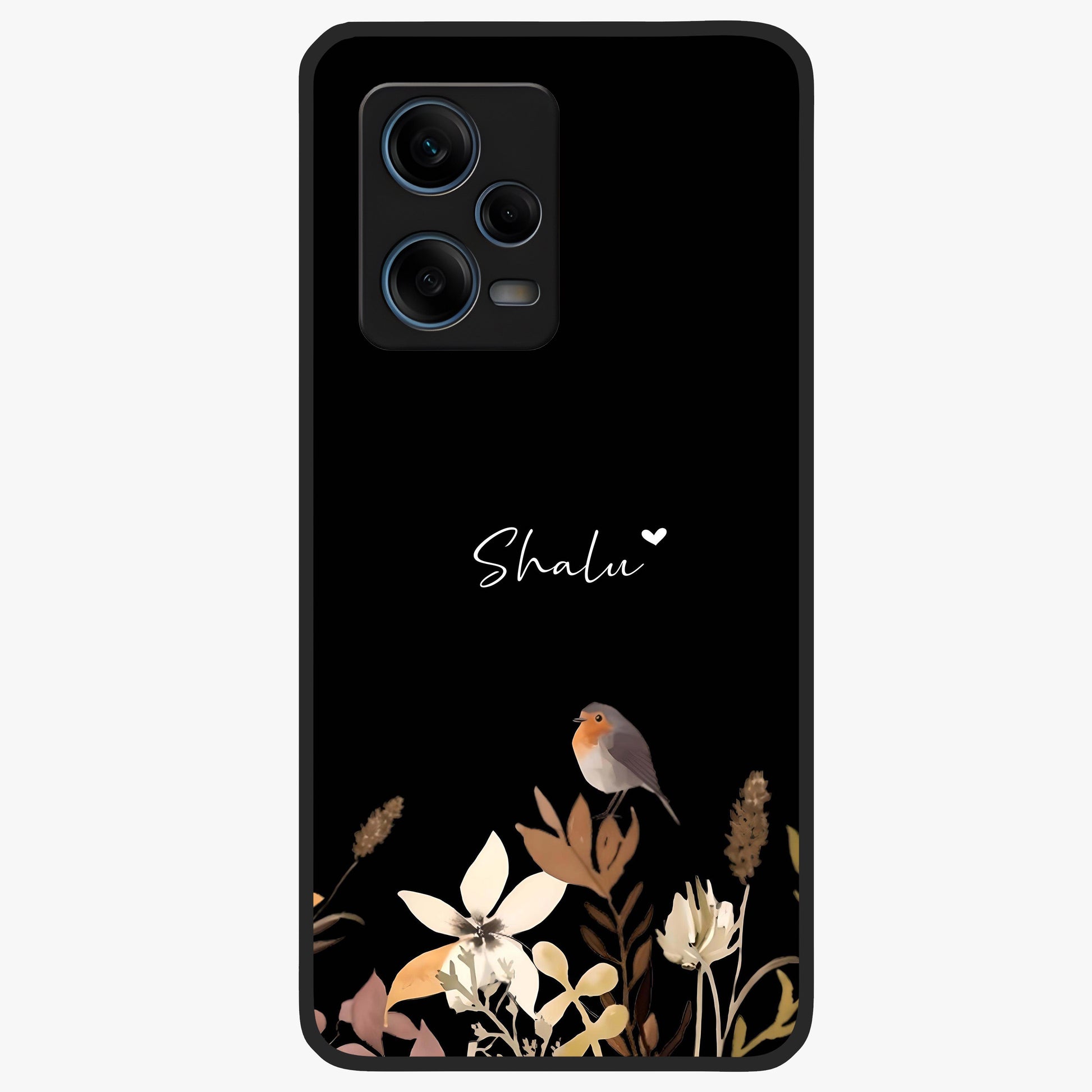 Quiet Garden Tune Custom Name Glass Case showing flat back view with peaceful garden artwork and personalized name design.