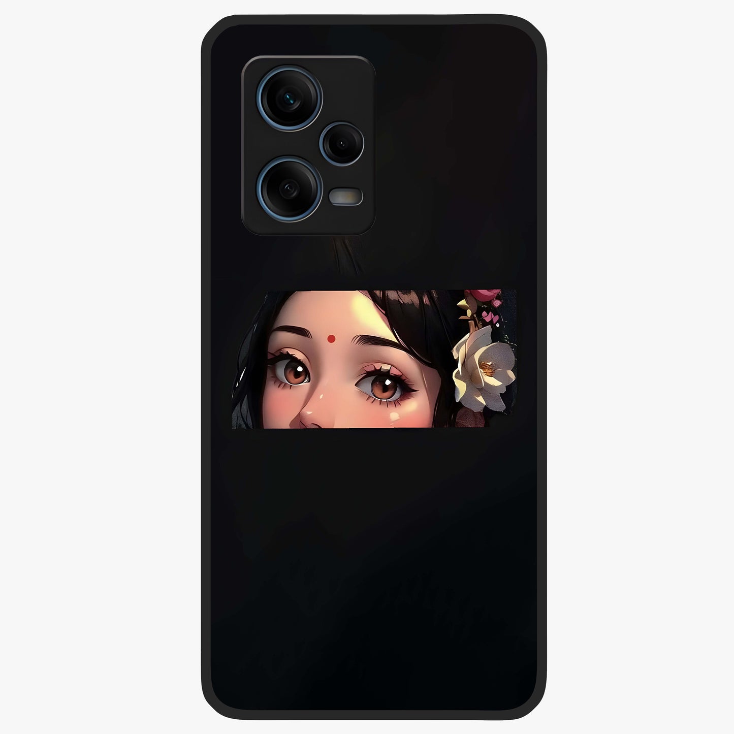 Radha Divine Embrace Glass Case showing flat back view with devotional Radha artwork and glossy glass finish.