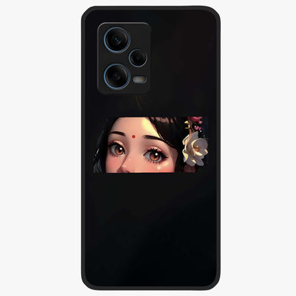 Radha Divine Embrace Glass Case showing flat back view with devotional Radha artwork and glossy glass finish.
