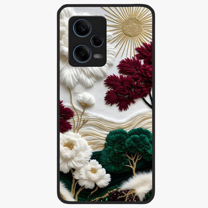 Radiant Bloom Elegance Glass Case showing flat back view with elegant blooming flower artwork and glossy glass finish.