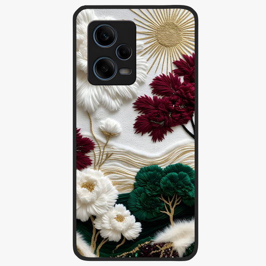 Radiant Bloom Elegance Glass Case showing flat back view with elegant blooming flower artwork and glossy glass finish.