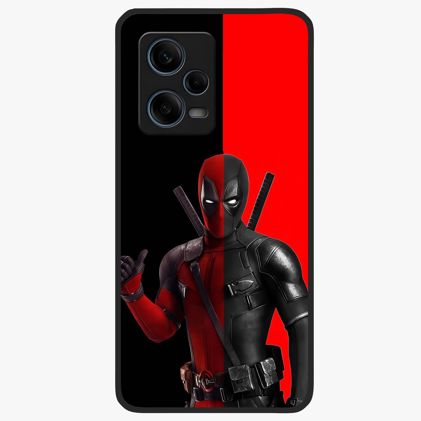 Red & Black Deadpool Theme Glass Case showing flat back view with bold comic inspired artwork and glossy glass finish.