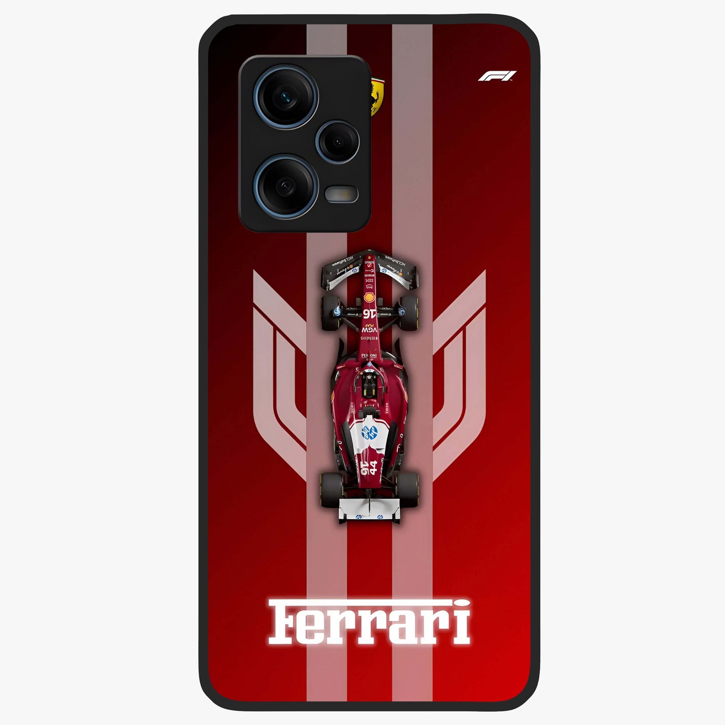 Red Ferrari F1 Vertical Glass Case showing flat back view with sleek Formula racing car artwork and glossy glass finish.