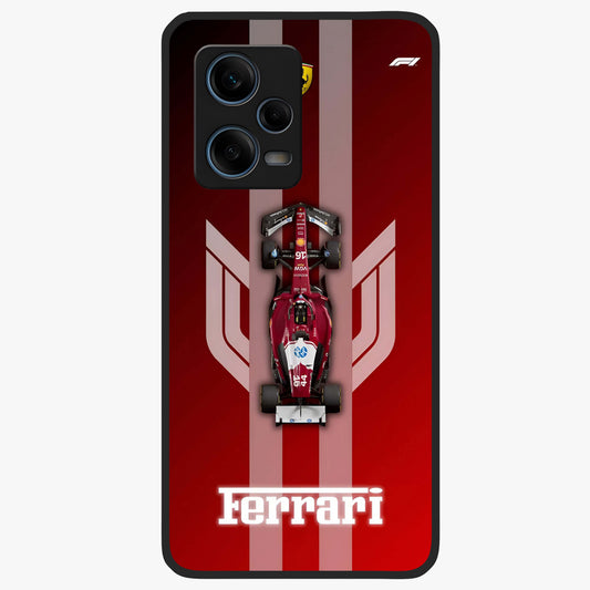Red Ferrari F1 Vertical Glass Case showing flat back view with sleek Formula racing car artwork and glossy glass finish.