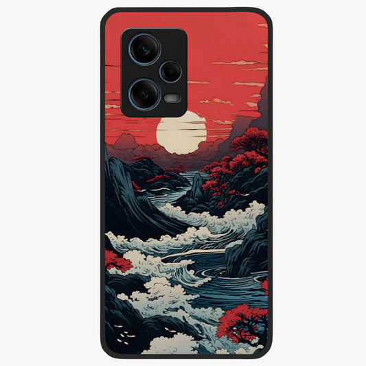 Red Sunset Scenery Glass Case showing flat back view with vibrant sunset landscape artwork and glossy glass finish.