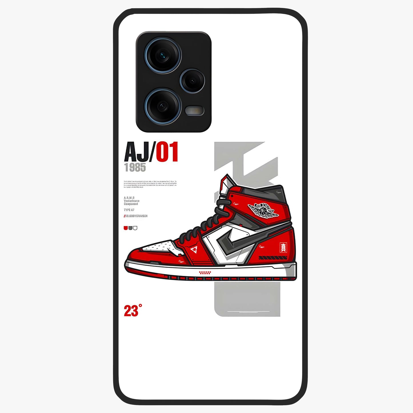 Retro Sneaker Blueprint Glass Case showing flat back view with sneaker blueprint style artwork and glossy glass finish.