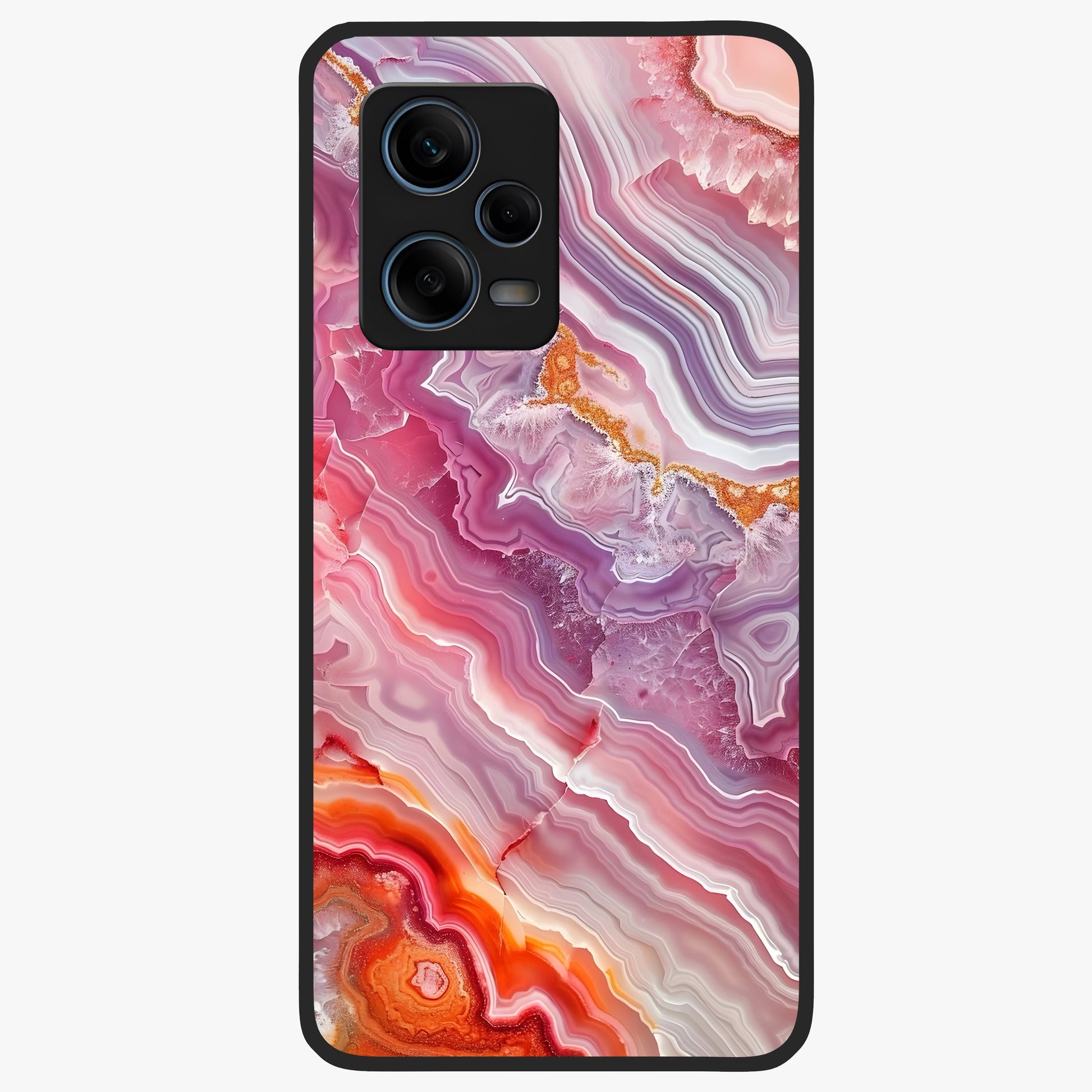 Rose Quartz Marble Glass Case showing flat back view with pink marble quartz texture artwork and glossy glass finish.