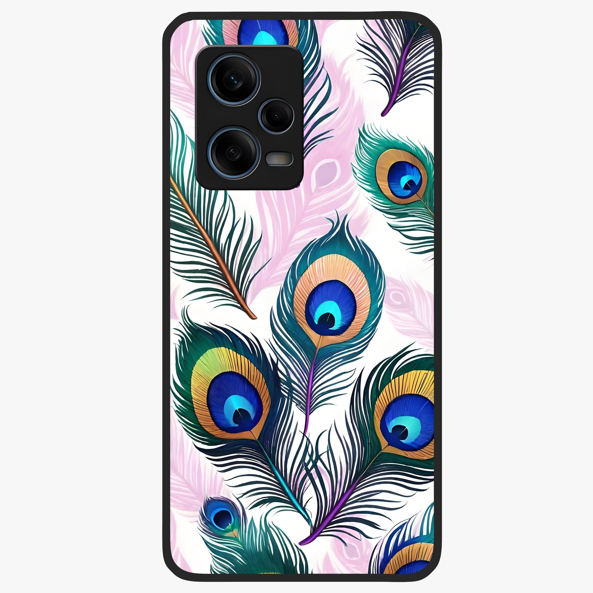 Royal Peacock Feathers Glass Case showing flat back view with colorful peacock feather artwork and glossy glass finish.