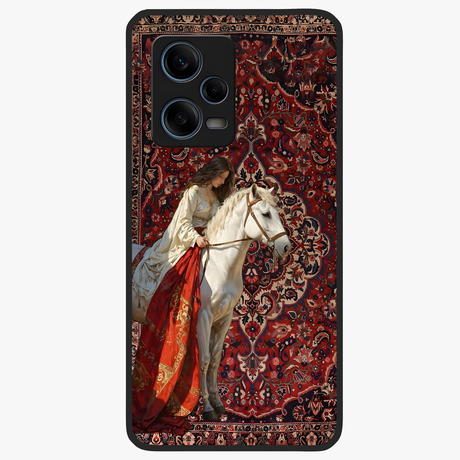 Royal Rider Tapestry Glass Case showing flat back view with majestic horse rider tapestry artwork and glossy glass finish.