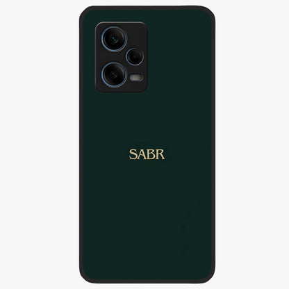 Sabr Minimal Patience Glass Case showing flat back view with minimalist typography artwork and glossy glass finish.