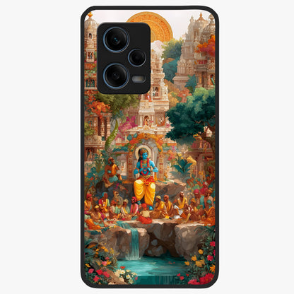 Sacred Sunlight Gods Glass Case showing flat back view with divine sunlight themed artwork and glossy glass finish.