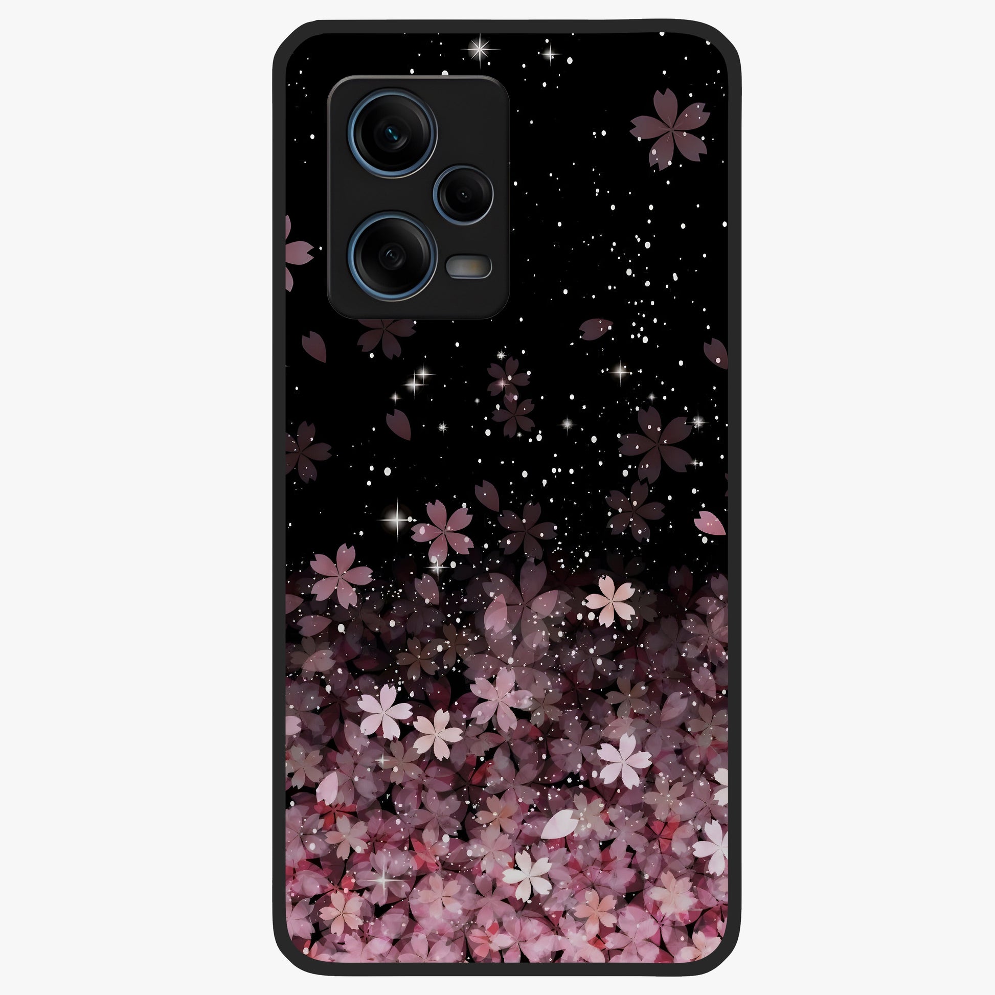 Small Starry Flowers Glass Case showing flat back view with delicate starry floral artwork and glossy glass finish.