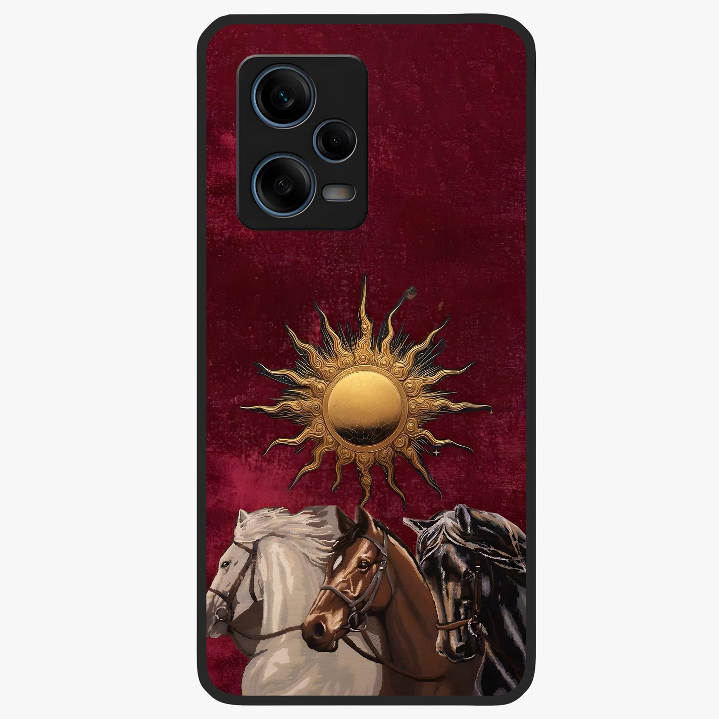 Solar Riders Glass Case showing flat back view with dynamic rider themed artwork and glossy glass finish.