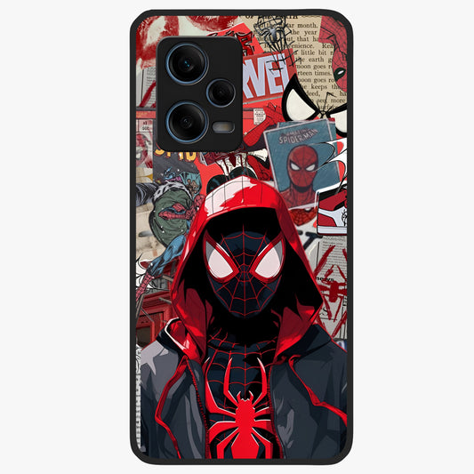 Spider Collage Street Glass Case showing flat back view with vibrant superhero collage artwork and glossy glass finish.