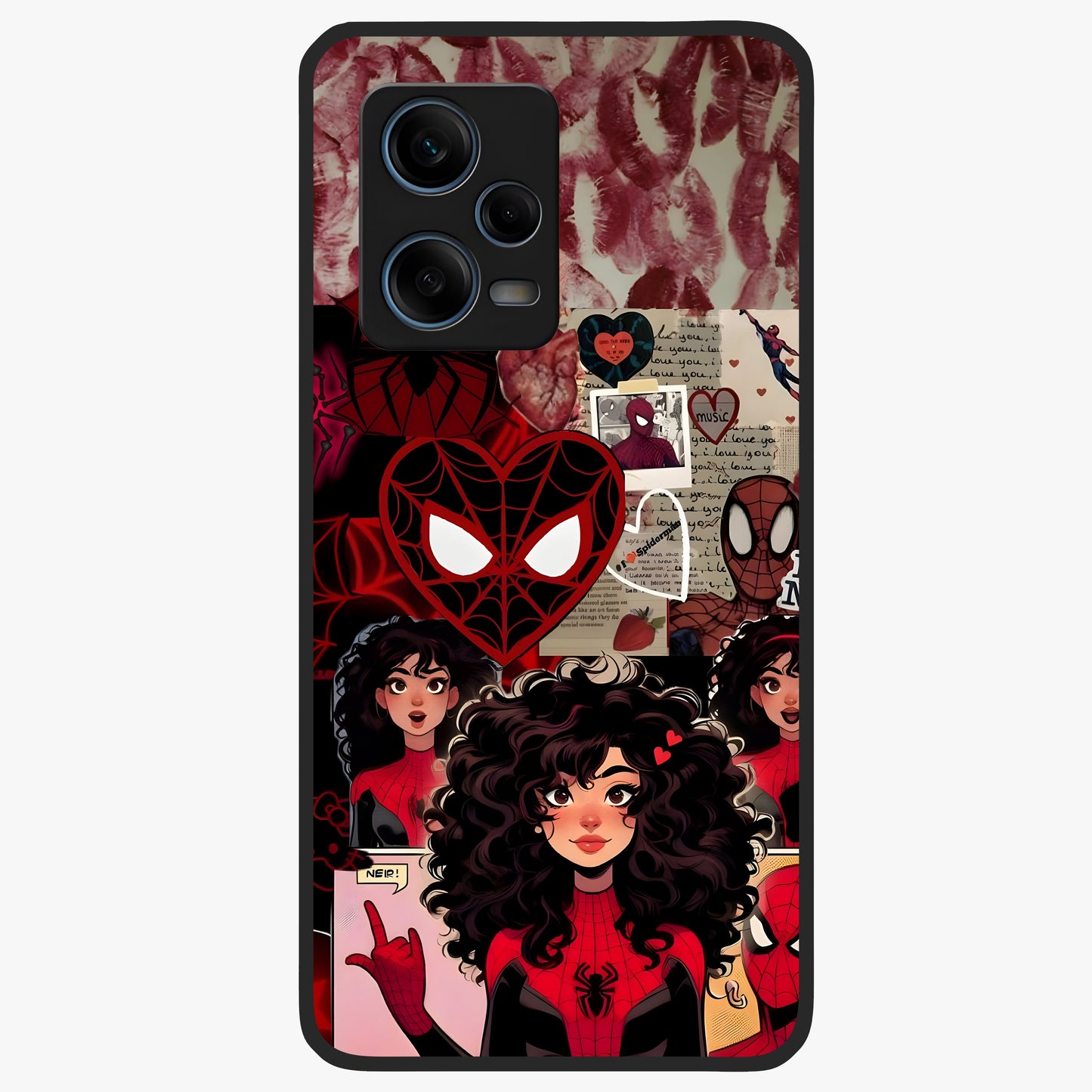 Spider Love Story Glass Case showing flat back view with romantic superhero themed artwork and glossy glass finish.