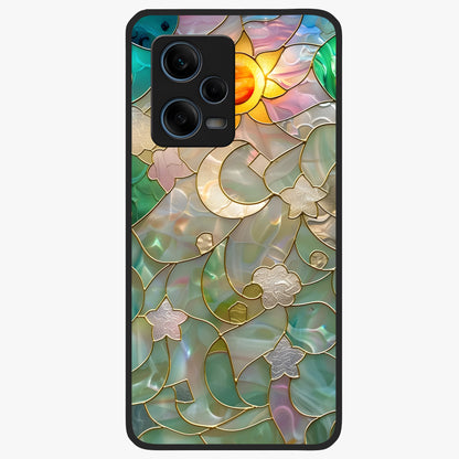Stained Sunrise Glow Glass Case showing flat back view with glowing sunrise stained pattern artwork and glossy glass finish.
