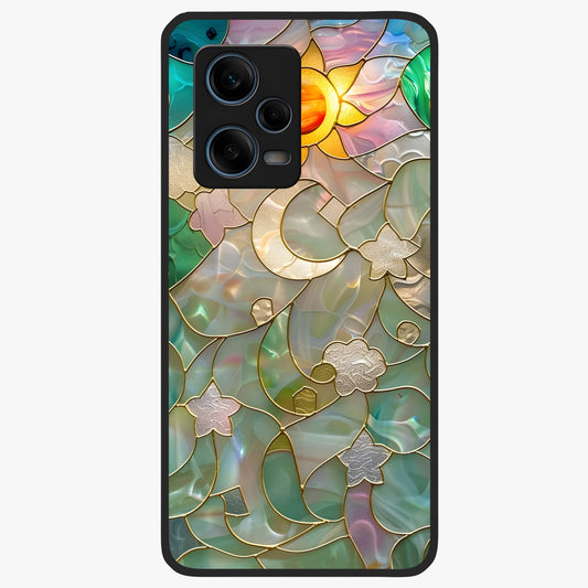 Stained Sunrise Glow Glass Case showing flat back view with glowing sunrise stained pattern artwork and glossy glass finish.