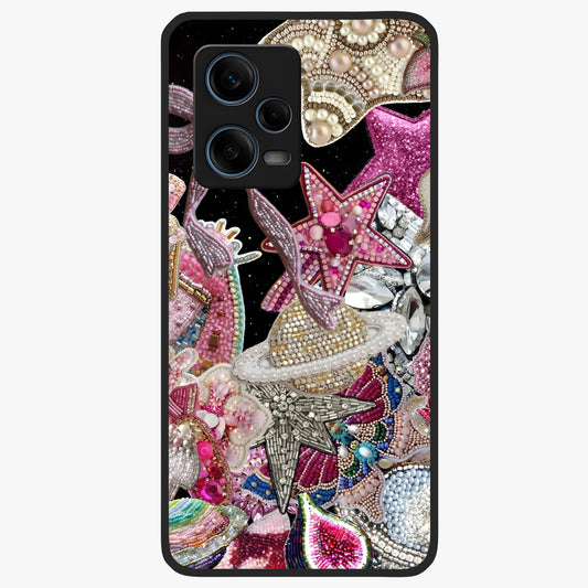 Starlit Jewel Dream Glass Case showing flat back view with sparkling jewel and star themed artwork and glossy glass finish.