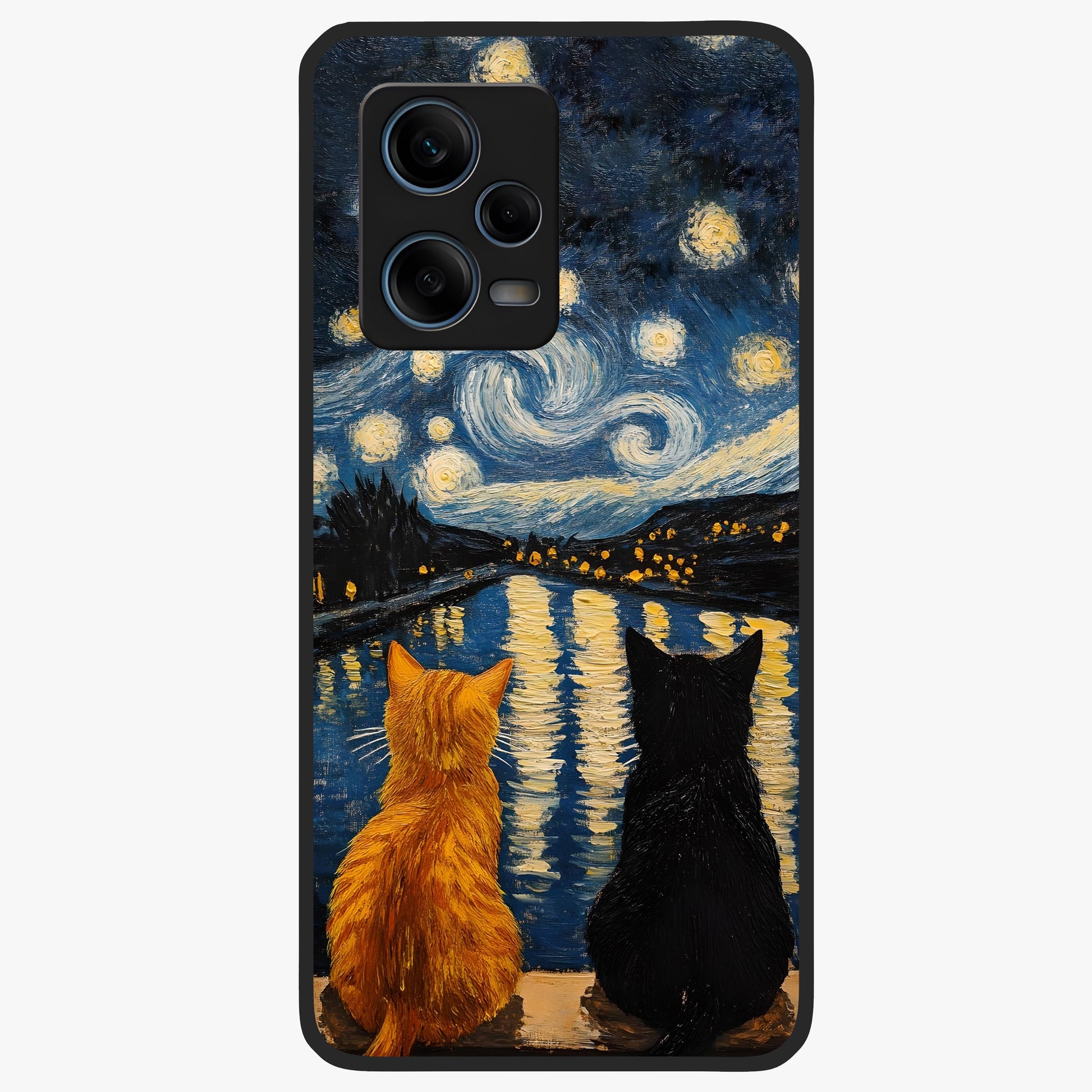 Starry River Cats Glass Case showing flat back view with cats by a starry river artwork and glossy glass finish.