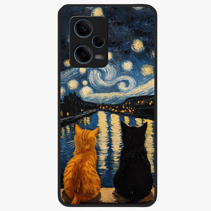 Starry River Cats Glass Case showing flat back view with cats by a starry river artwork and glossy glass finish.