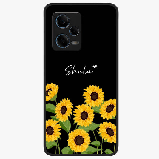 Sunflower Chic Mood Custom Name Glass Case showing flat back view with stylish sunflower artwork and personalized name design.