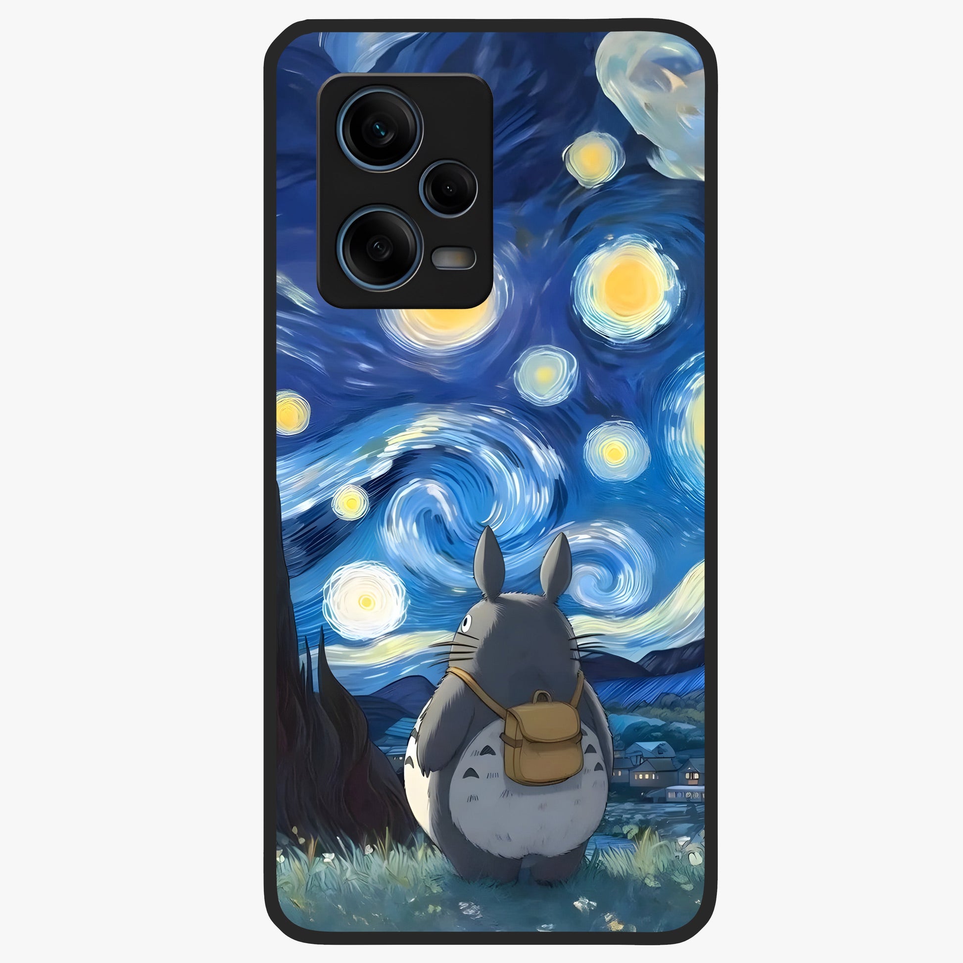 Totoro In Van Gogh Art Glass Case showing flat back view with whimsical character artwork inspired by Van Gogh style and glossy glass finish.