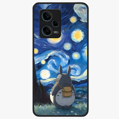 Totoro In Van Gogh Art Glass Case showing flat back view with whimsical character artwork inspired by Van Gogh style and glossy glass finish.