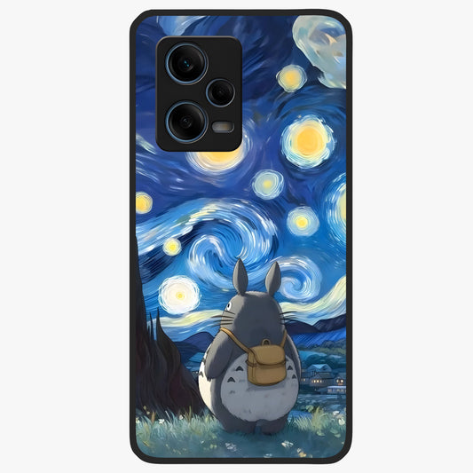 Totoro In Van Gogh Art Glass Case showing flat back view with whimsical character artwork inspired by Van Gogh style and glossy glass finish.