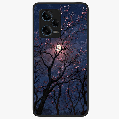 Twilight Sakura Serenade Glass Case showing flat back view with cherry blossom artwork at twilight and glossy glass finish.