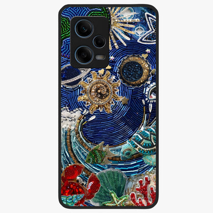 Universe Underwater Spark Glass Case showing flat back view with cosmic underwater themed artwork and glossy glass finish.