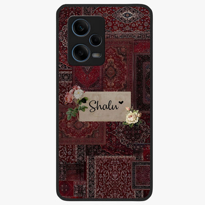 Velvet Wine Pattern Custom Name Glass Case showing flat back view with elegant wine colored pattern artwork and personalized name design.