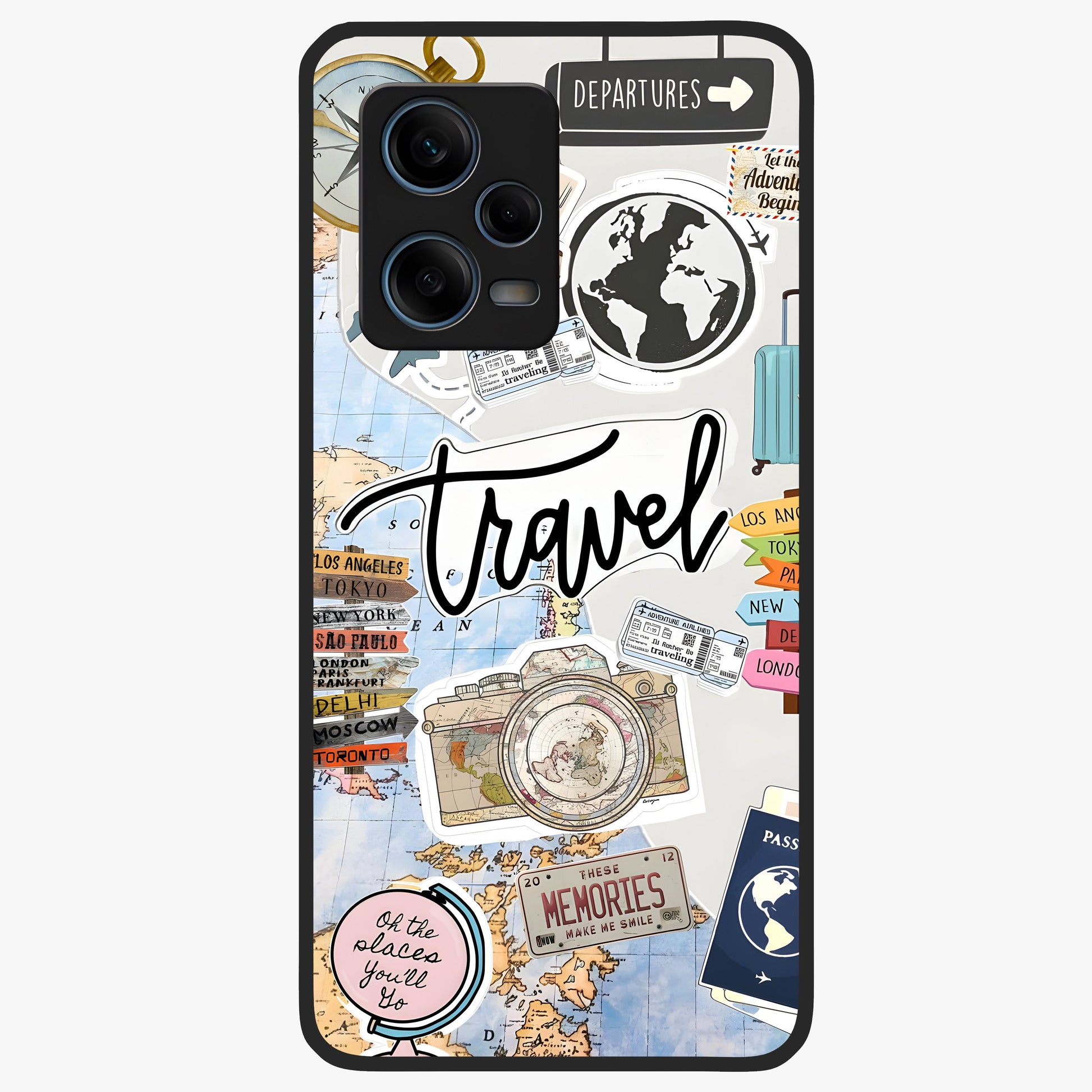 Wanderlust Journal Glass Case showing flat back view with travel inspired artwork and glossy glass finish.