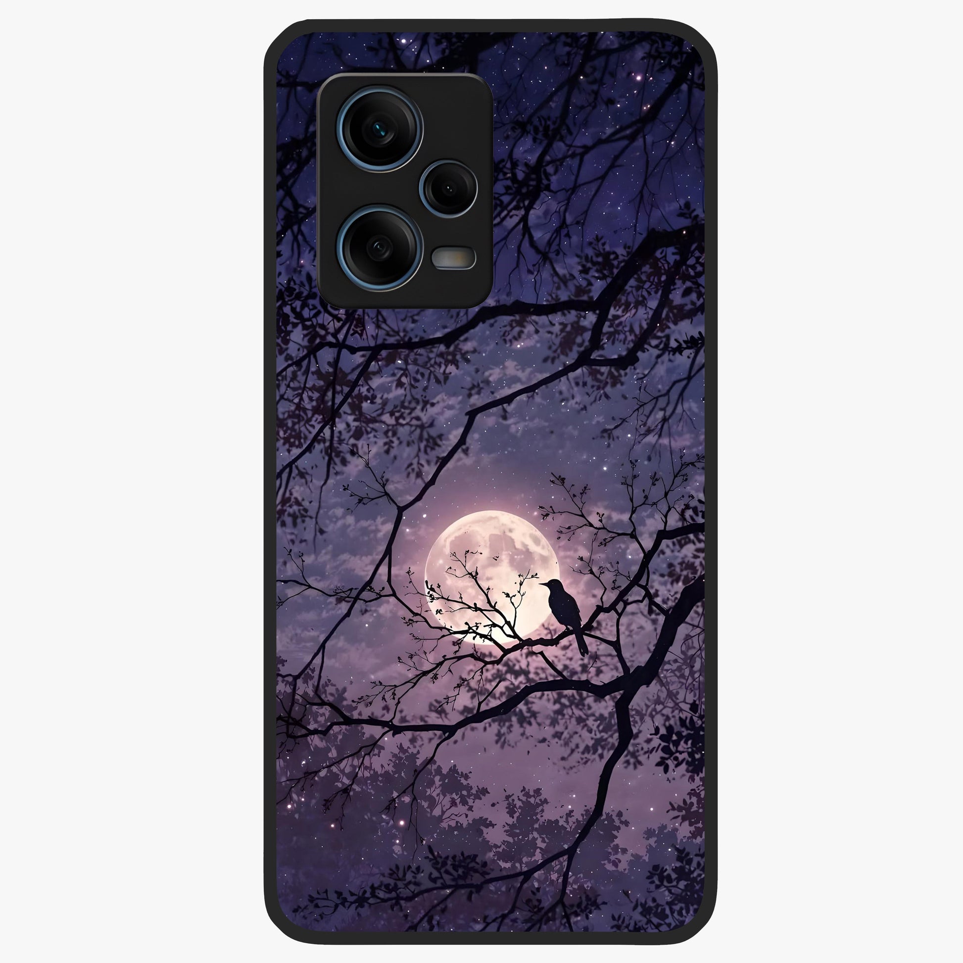 Whispering Moon Silence Glass Case showing flat back view with serene moon themed artwork and glossy glass finish.