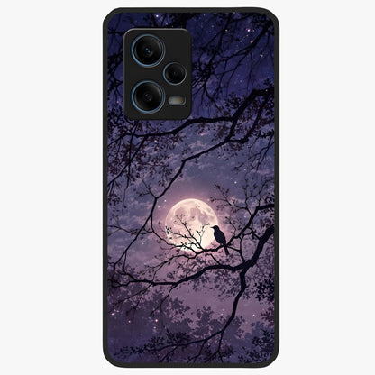 Whispering Moon Silence Glass Case showing flat back view with serene moon themed artwork and glossy glass finish.