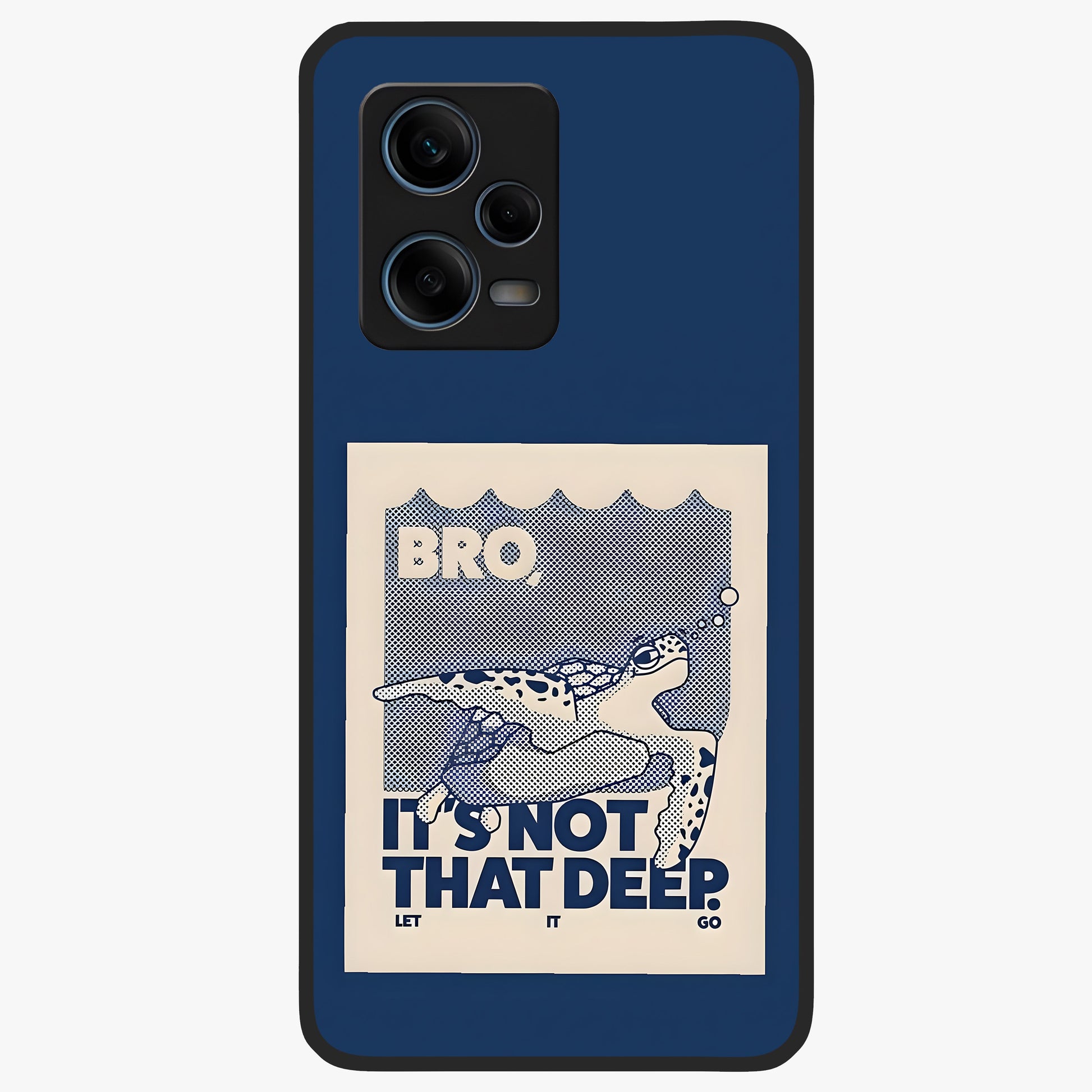 Worry Less Swim Glass Case showing flat back view with playful motivational artwork and glossy glass finish.