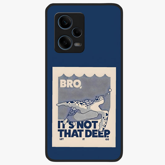 Worry Less Swim Glass Case showing flat back view with playful motivational artwork and glossy glass finish.